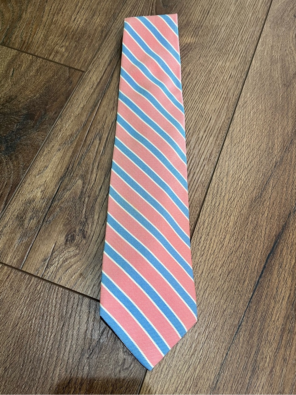 Brooks Brothers MAKERS Silk Repp Tie Coral Pink Blue Striped Woven England USA